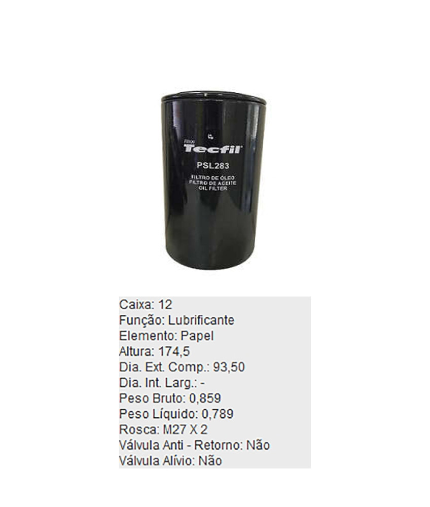 FILTRO OLEO LUBRIFICANTE - PSL283 TECFIL