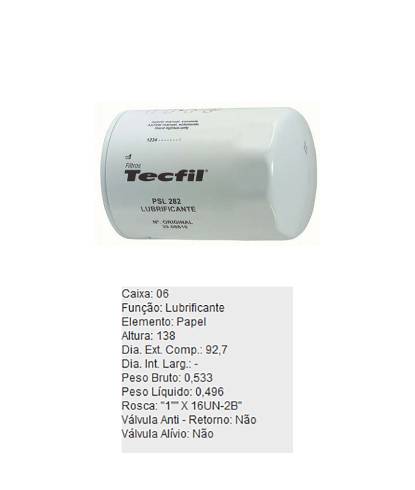 FILTRO OLEO LUBRIFICANTE - PSL282 TECFIL
