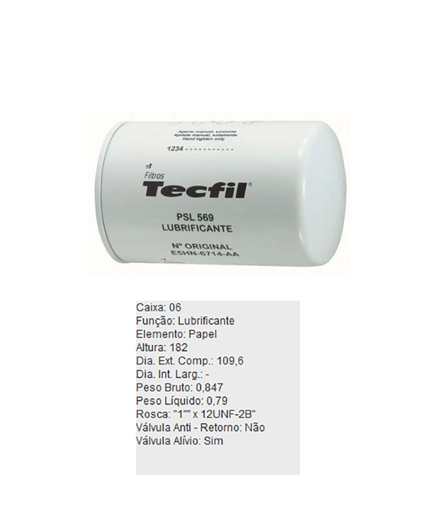 FILTRO OLEO LUBRIFICANTE - PSL569 TECFIL